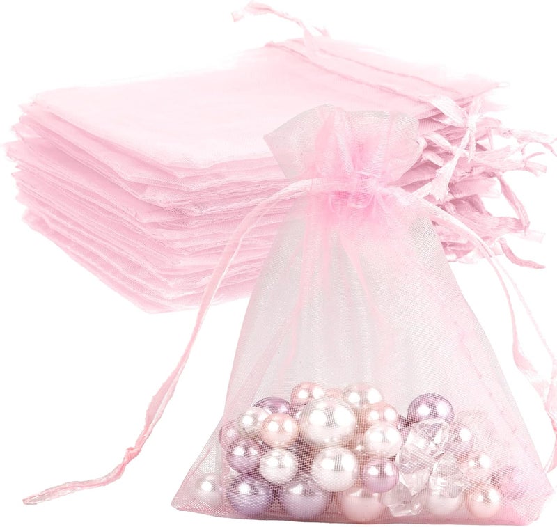 BOEIAC Organza Bags - 50Pcs Pink Sheer 4 x 6 Inch Jewelry Gift Pouches With Drawstring - Party Favor Mesh Mini Candy Bags for Wedding Valentine's Day - Image 1